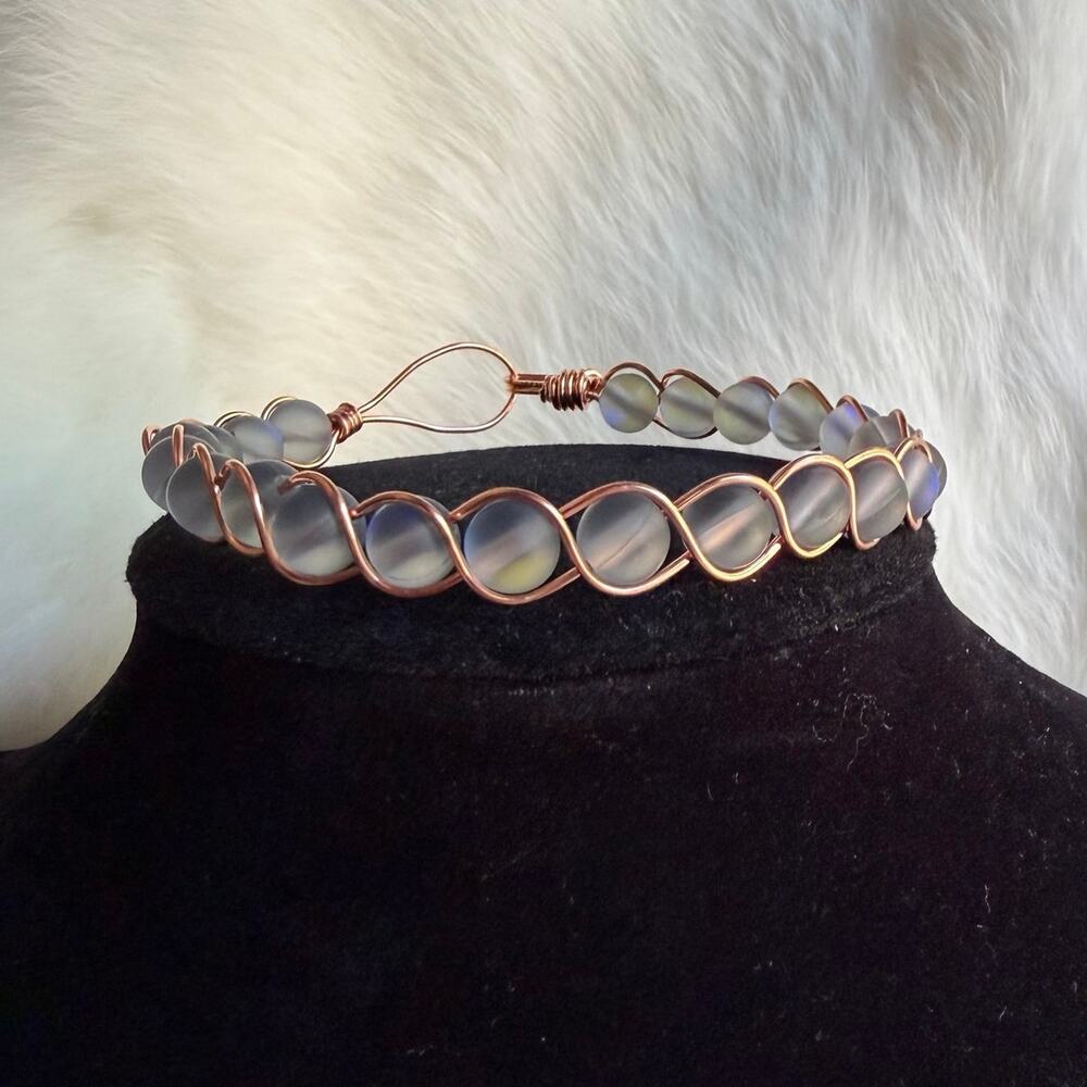 Mermaid glass bracelet copper braided wire wrap handmade